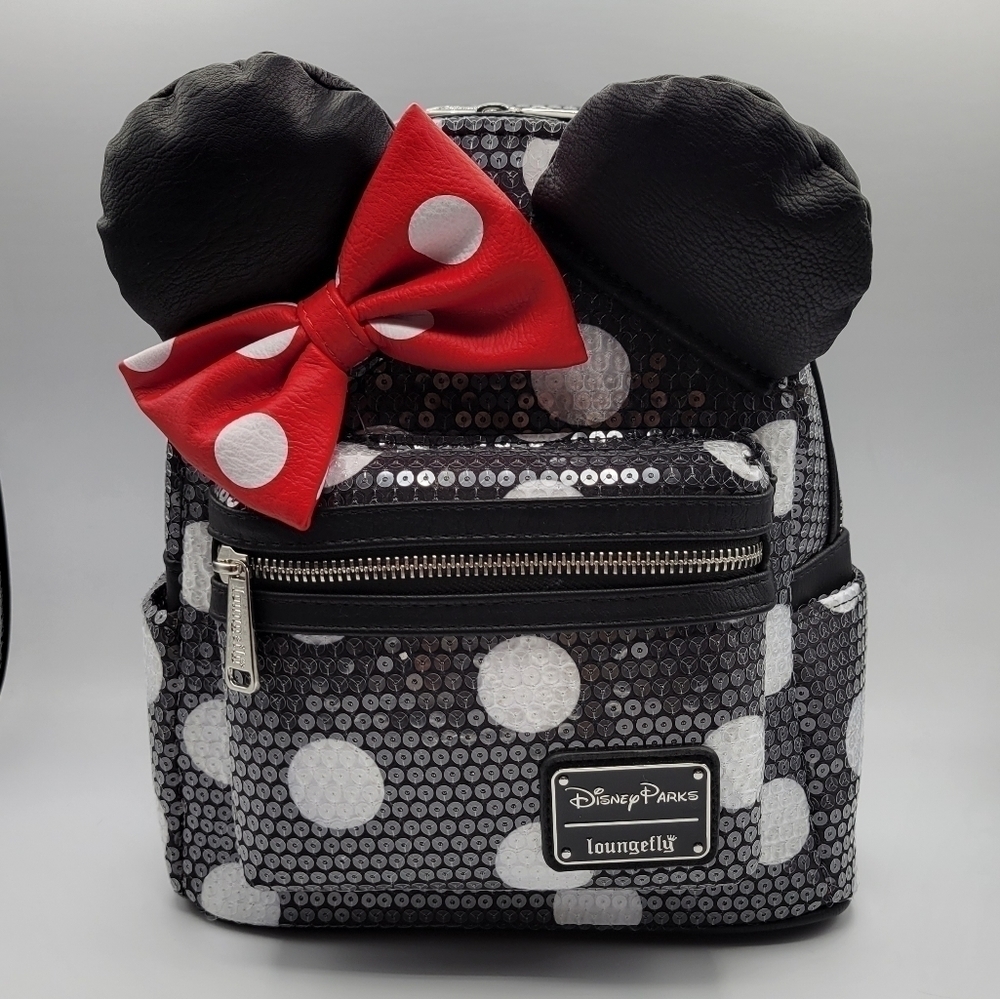 Loungefly Disney Minnie Mouse Sequined Polka Dot Black White Backpack - Picture 2 of 7
